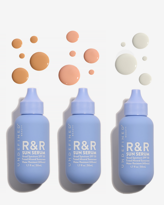 R&R Sun Serum Mineral SPF, three shade bottles with tint droplets